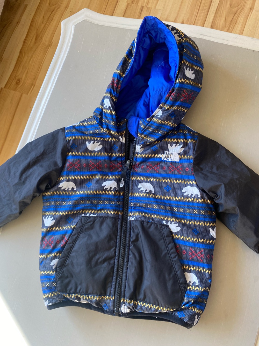 The North Face Kids Hooded Puffer Jacket in Blue Pattern with Black Sleeves
